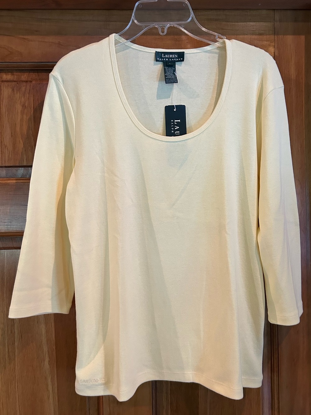 Lauren Ralph Lauren Soft Pale Yellow Scoop Neck 3/4 Sleeve Top